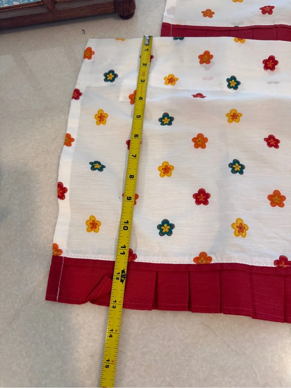 Set of two Vintage style White Floral Window Panel with Red Pleated Hem